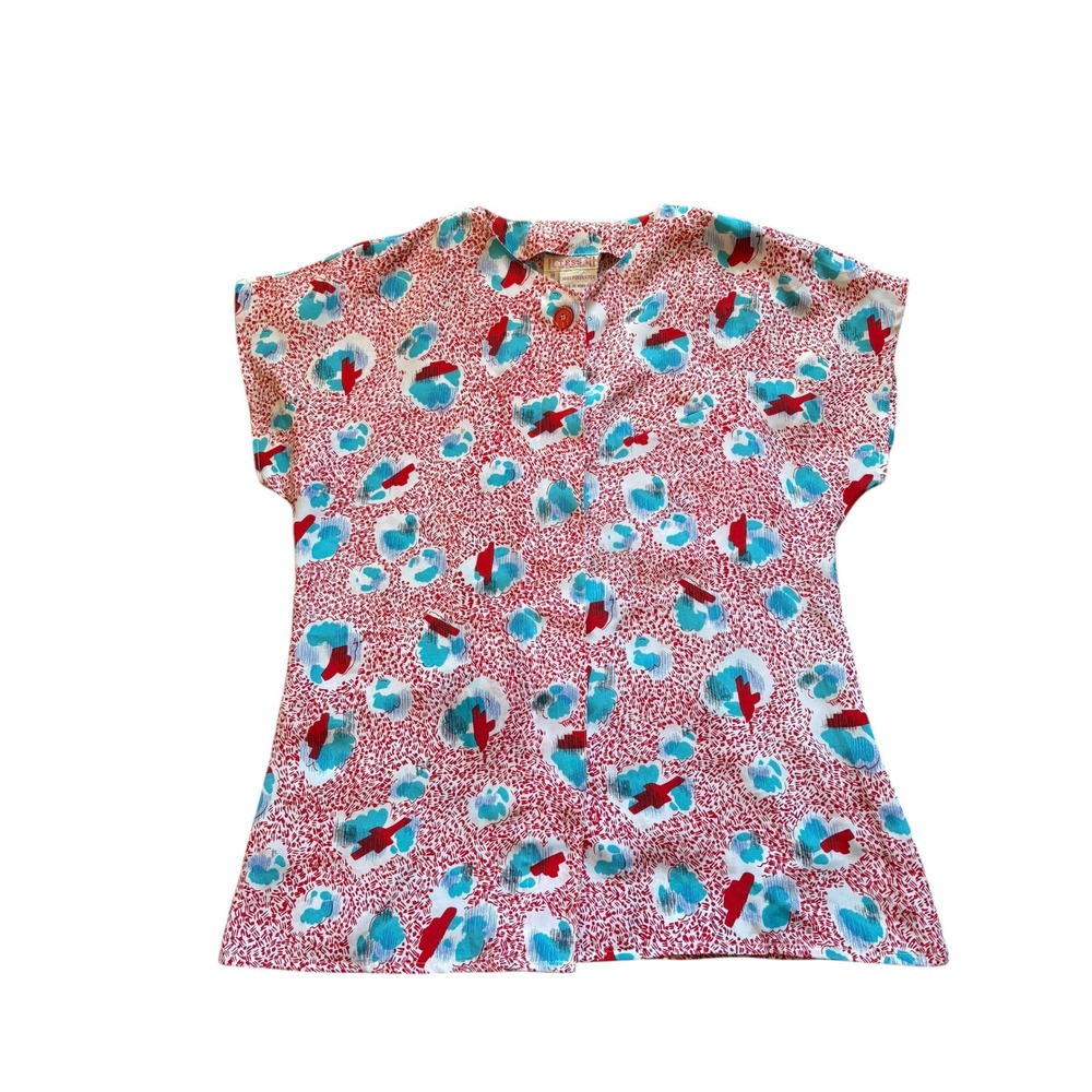 Tess Paris Milano Blouse Size 10 Made in Hong Kong Red Blue Abstract Print 80s